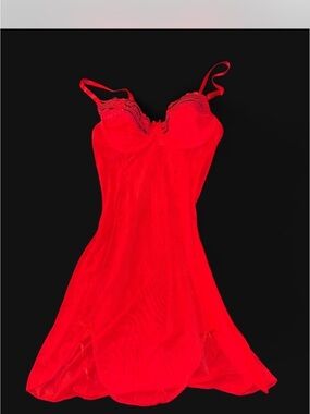Red Lace-Trim Slip Chemise with Adjustable Straps